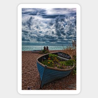 Old Beached Fishing Boats On a Cloudy Day Sticker